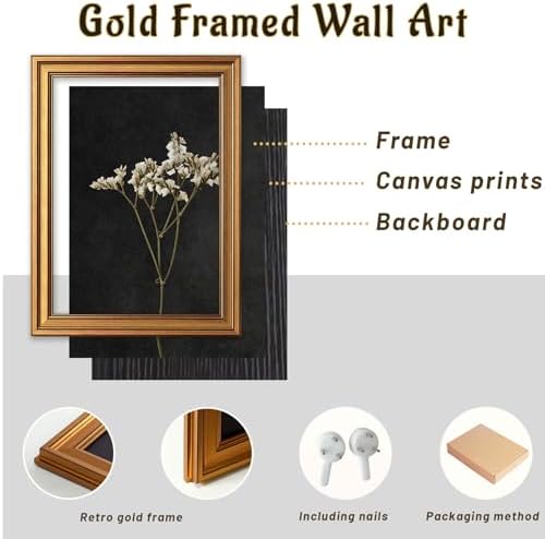 Vintage Gold Framed Wall Art, Retro Dark Dried Flower Paintings, Moody Floral - Image 2