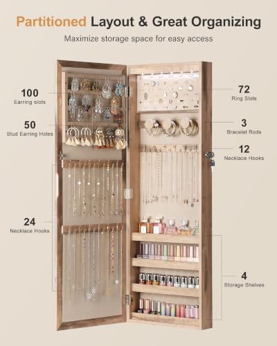 Nicetree 6 LEDs Jewelry Armoire, Hanging Mirror Jewelry Cabinet - Image 4