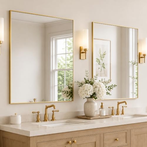 30"x36" Brushed Gold Framed Rectangle Bathroom Vanity Wall Mirror - Image 6
