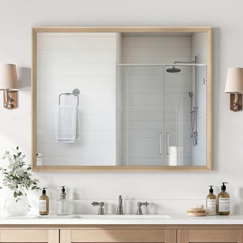 Oak Wood Effect Framed Wall Mirror, 32x40 Rectangle Mirror by Ultrue
