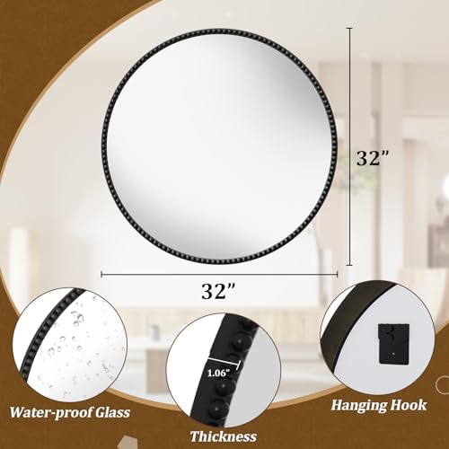 32'' Round Mirror, Beaded Circle Decorative Wall Mirror - Image 5