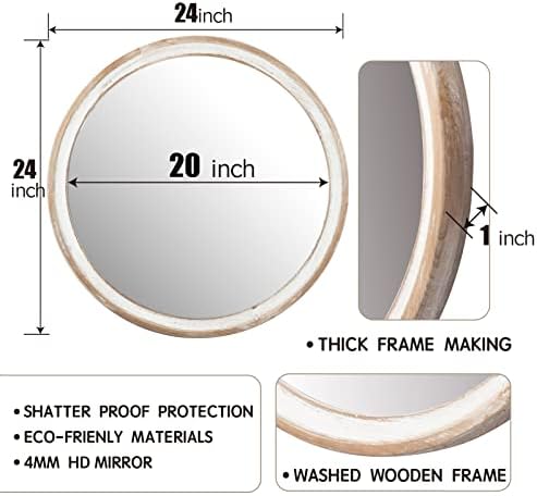 24 Inch Whitewashed Round Wood Mirror, Rustic Farmhouse Wall Mirrors - Image 3