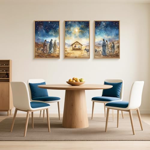 LHIUEM Large Bible Christian Religious Framed Canvas Wall Art Set, Birth of - Image 3