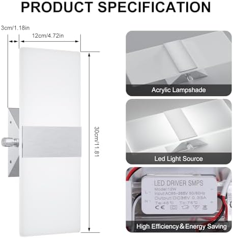 Modern Wall Sconces Set of Two, 12W Dimmable LED Wall Sconces Cool White - Image 6