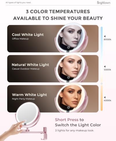 8" Wall Mounted lighted Makeup Mirror, Double Sided 1x/10x Magnifying Mirror - Image 3