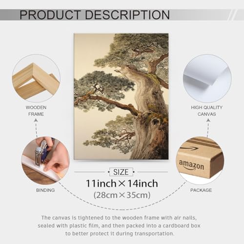 Vintage Japanese Pine Tree Framed Wall Art Oriental Asian Tree Canvas Posters - Image 2