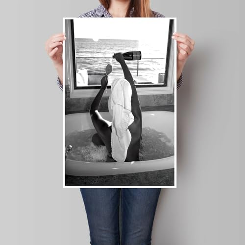Trendy Black and White Posters Funny Woman Drinking Wine in Bathtub Wall Art - Image 3