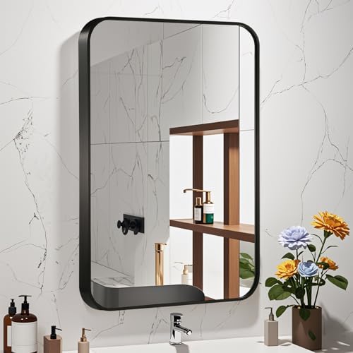 16x24 Inch Black Wall Mirror for Bathroom, Brushed Metal Framed Mirror - Image 2