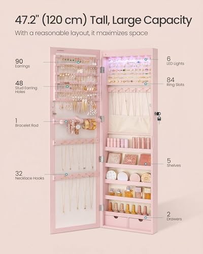 SONGMICS 6 LEDs Mirror Jewelry Cabinet, 47.2-Inch Tall - Image 4