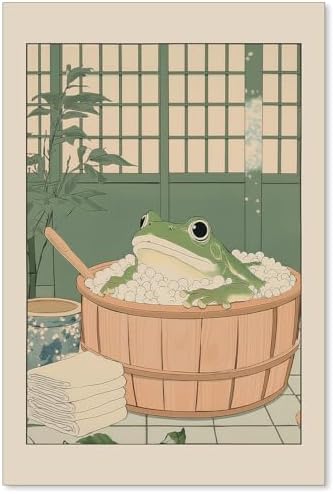 Japanese Frog in a Bathtub Wall Art Sage Green Relaxing Bathroom Posters Fun by Unknown