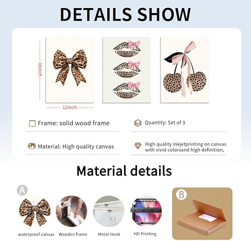 Framed Leopard Print Wall Art Set of 3, Cute Cherry Lips Bow Canvas Posters - Image 3