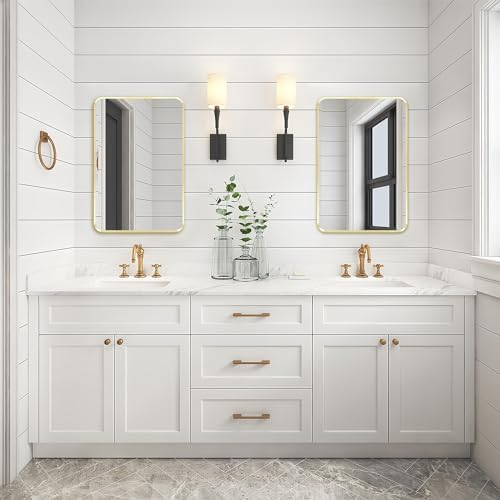 Gold Bathroom Mirror 18x24in, Metal Framed Rounded Rectangle Wall - Image 3