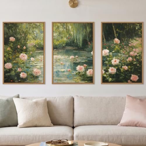 Aryroi Monet Garden Water Lilies Framed Canvas Wall Art Set, Impressionist Pond - Image 2