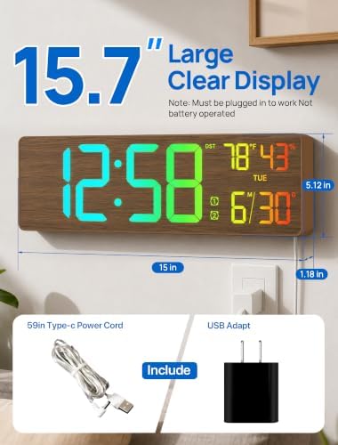 RGB Large Digital Wall Clock, 15.7" Digital Clock Large Display - Image 2