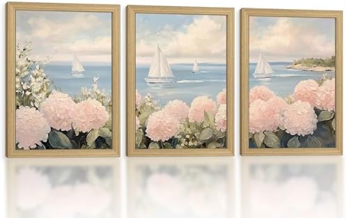 Flower Ocean Sailboat Canvas Wall Art 3Pcs Framed Home Decor 12X16 Inch by Unknown