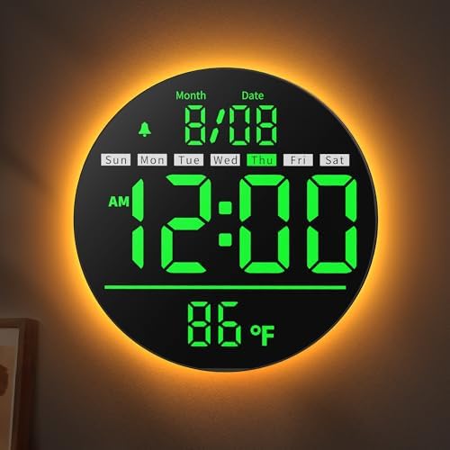 8in Round Digital Wall Clock, Large LED Display, Auto DST, Temperature by Unknown