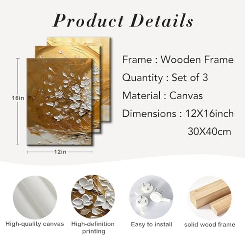 RZIGERNO 3 Pcs Tree of Life Canvas Wall Art Gold White Floral Poster Printing - Image 6