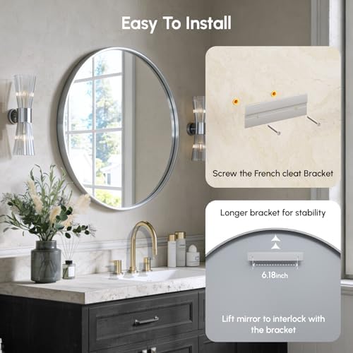 USHOWER 30 Inch Brushed Nickel Round Bathroom Mirror - Image 6
