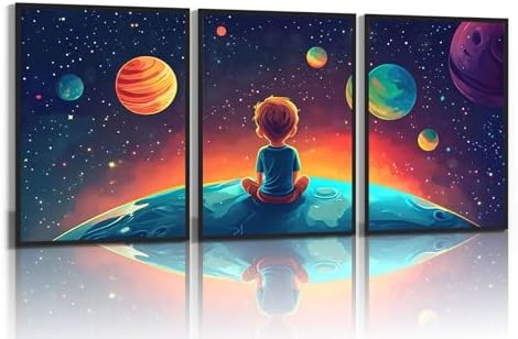 3Pcs Space Boy Wall Art Cute Inspirational Canvas Painting Space Fantasy Wall by Unknown