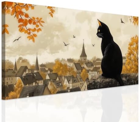 SWQYLB Autumn Pictures Wall Art Black Cat Fall Decor Halloween Animal Canvas by SWQYLB