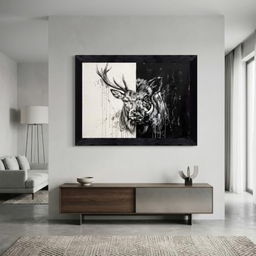 Framed Canvas Wall Art Modern Mixed Media Monochrome Stag and Boar Dualistic - Image 7