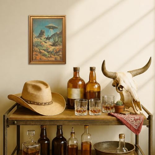 Vintage Gold Framed Western Wall Art, Retro Cowboy UFO Abduction Pictures Wall - Image 6