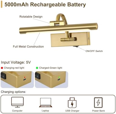 DESOOP Wireless Picture Lights for Wall Rechargeable Brass Gallery Lights - Image 4