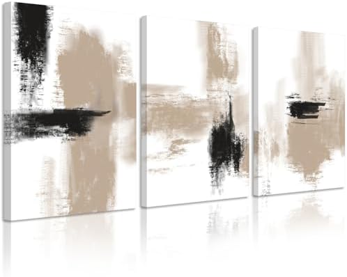 Beige Abstract Wall Art Painting Set of 3 Neutral Canvas Wall Art Prints Black by Unknown