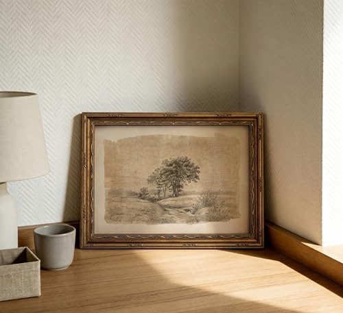 Vintage Gold Framed Sepia Country Landscape Sketch Wall Art, Rustic Tree Grove - Image 5