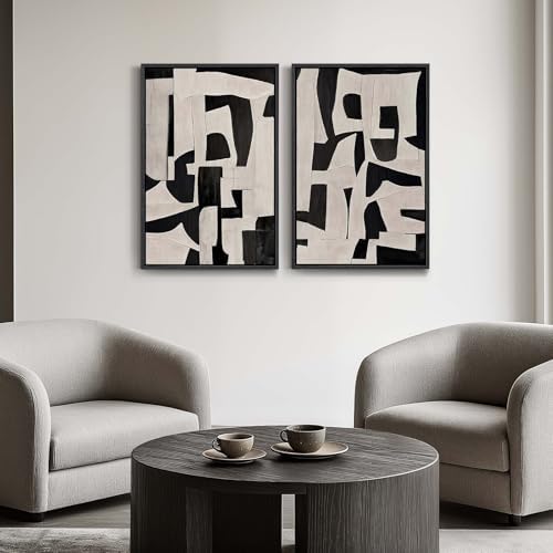 Large Framed Black and Beige Abstract Wall Art, Modern Art Prints Pictures - Image 3