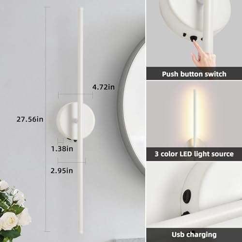 Wall Sconces Battery Operated Set of Two, 27.6 Inch Dimmable USB Rechargeable - Image 6
