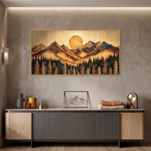 Boho Mountain Woodcut Framed Canvas Wall Art Set -20"x40" - Image 2