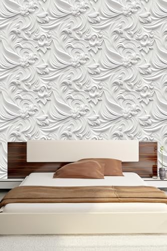 Peel and Stick Wallpaper White Gray Scroll Floral Accent - Image 6
