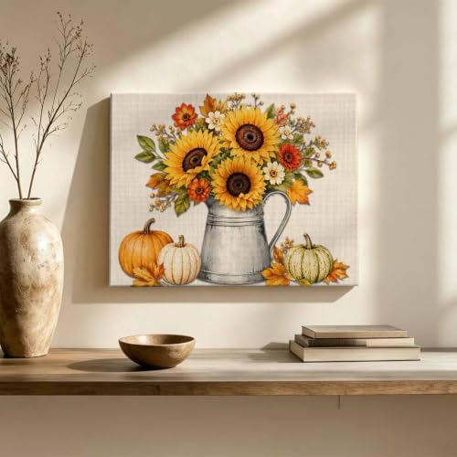 Thanksgiving Fall Large Wall Art Yellow Sunflower Pumpkins Leaf Linen Texture - Image 3