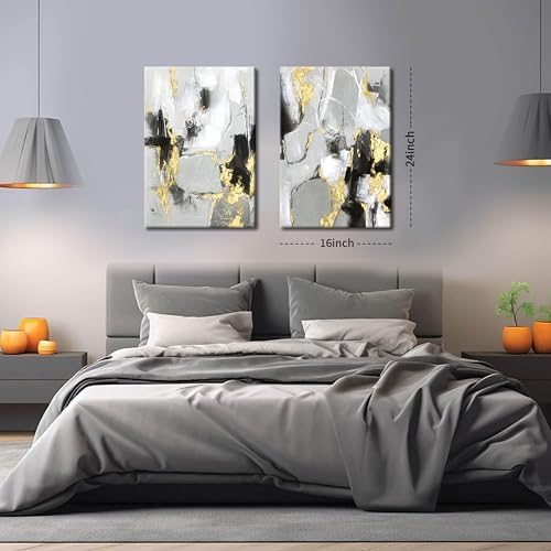 Framed Abstract Black Gold Wall Art Set of 2, Modern Black White Gold Canvas - Image 5