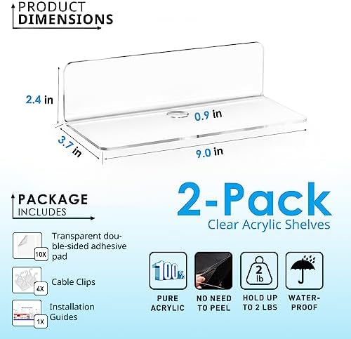OAPRIRE Acrylic Floating Wall Shelves Clear, No Drill, 9 Inch 2 Pack - Image 2
