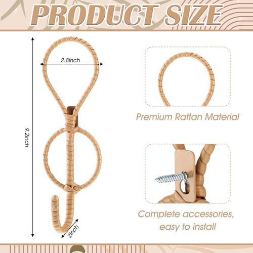 Novabright 3 Pcs Boho Wall Hooks Vintage, Woven Rattan Metal Gold Hanging - Image 2