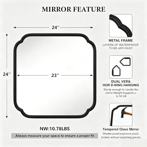 Ferytange 24 x 24 Inch Matte Black Metal Framed Bathroom Vanity Mirror - Image 4