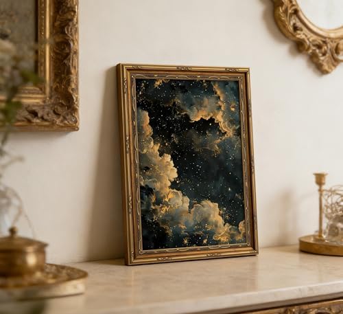 Vintage Gold Framed Moody Celestial Canvas Wall Art Retro Cloud Abstract Night - Image 5