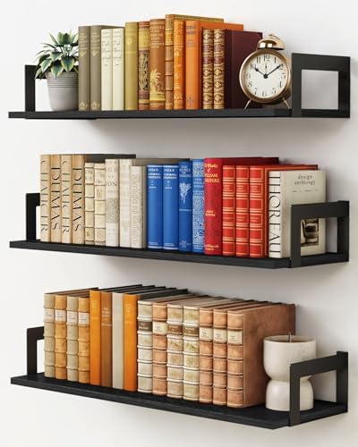Black Wall Shelves for Bedroom 24 Inch Long, 8 In Deep Floating Shelves by Harwaya
