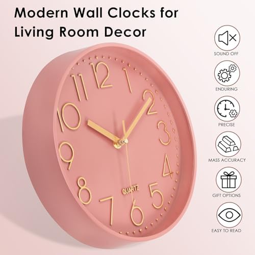Lumuasky Pink Wall Clock Modern Battery Operated Analog Small Cute Silent - Image 4