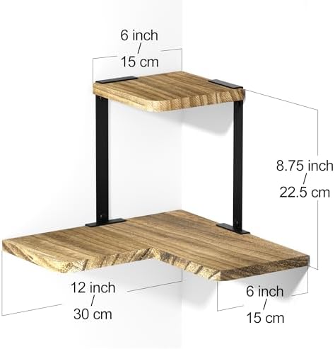 SRIWATANA 2-Tier Corner Wall Shelf, Rustic Wood Shelf, Carbonized Black - Image 3