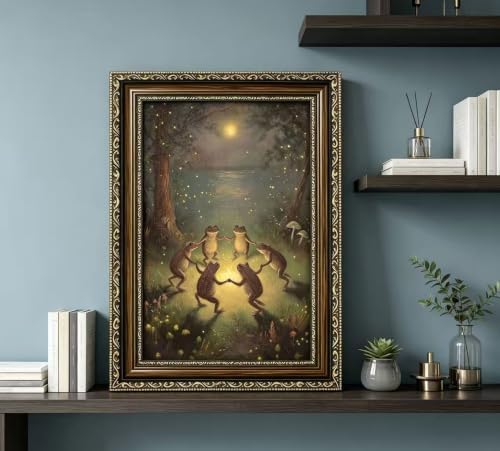 Vintage Gold Framed Frog Wall Art, Frogs Dancing in Moonlight Canvas Print - Image 3