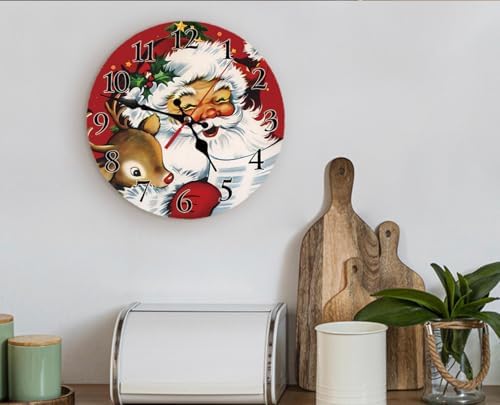 Christmas Vintage Santa Claus and Reindeer Wall Clock, Silent Non Ticking Round - Image 3
