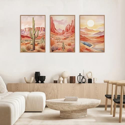 HLNIUC Boho Desert Plant Framed Canvas Wall Art Set, Southwestern Sun Mountain - Image 3