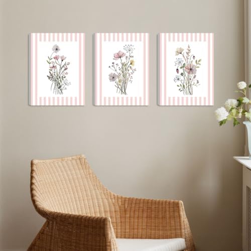 SEHSUVC Trendy Boho Pink Flowers Canvas Wrapped Wall Art Set of 3 24x16in - Image 2