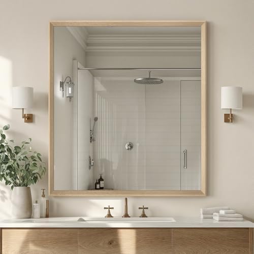 Oak Wood Effect Framed Wall Mirror, 36x40 Rectangle Mirror by Ultrue