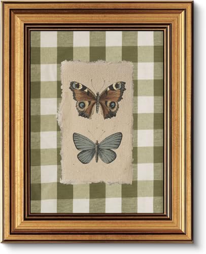 Gold Framed Wall Art, Vintage Gingham Butterfly Canvas Prints – Farmhouse by ROSSYNOOK