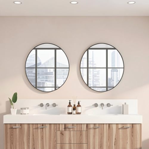 Pack of 2 Black Round Mirrors 24 Inch, Metal Frame Wall Mounted Circle Mirrors - Image 3