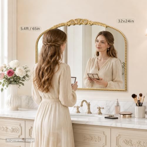 Besdomus Vintage Vanity Mirror: 32”x24” French Rose Gold Arched Mirror - Image 4